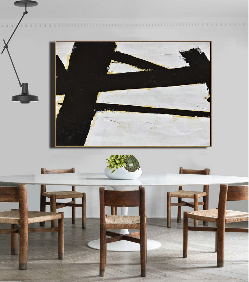 Original Modern Art,Large Wall Art Handmade,Horizontal Palette Knife Minimal Canvas Art Painting Black White Beige - Abstract Artwork Online